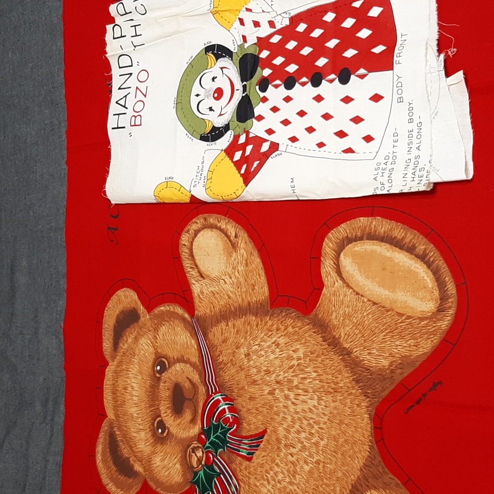 2 VINTAGE Cut/Sew Panels Hallmark Christmas Bear Pillow & BOZO Clown Hand Puppet